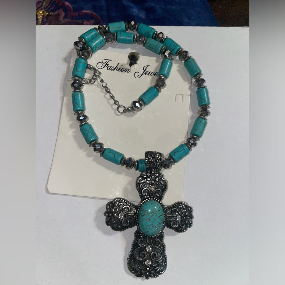 Silver turquoise cross necklace